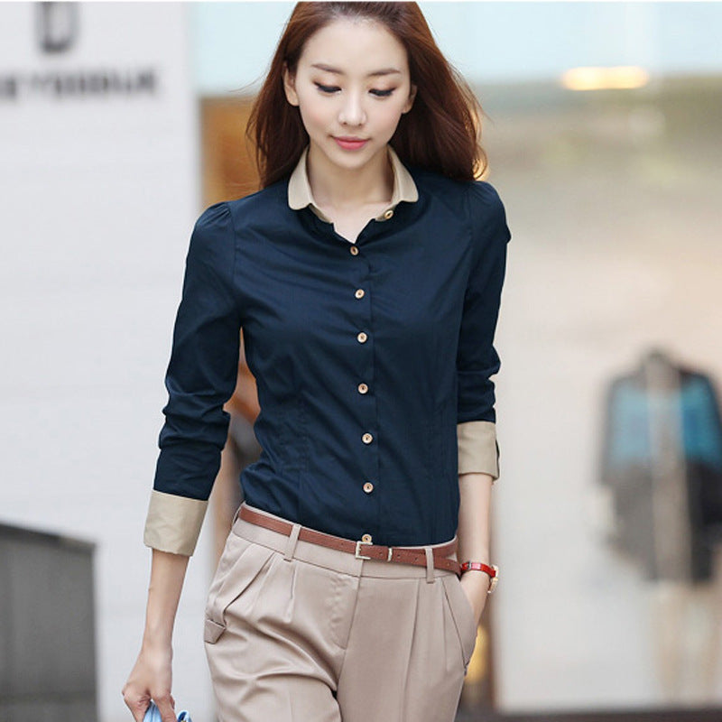 Blue Long Sleeve Korean Style Slim Fit Women's Shirt Pro Top