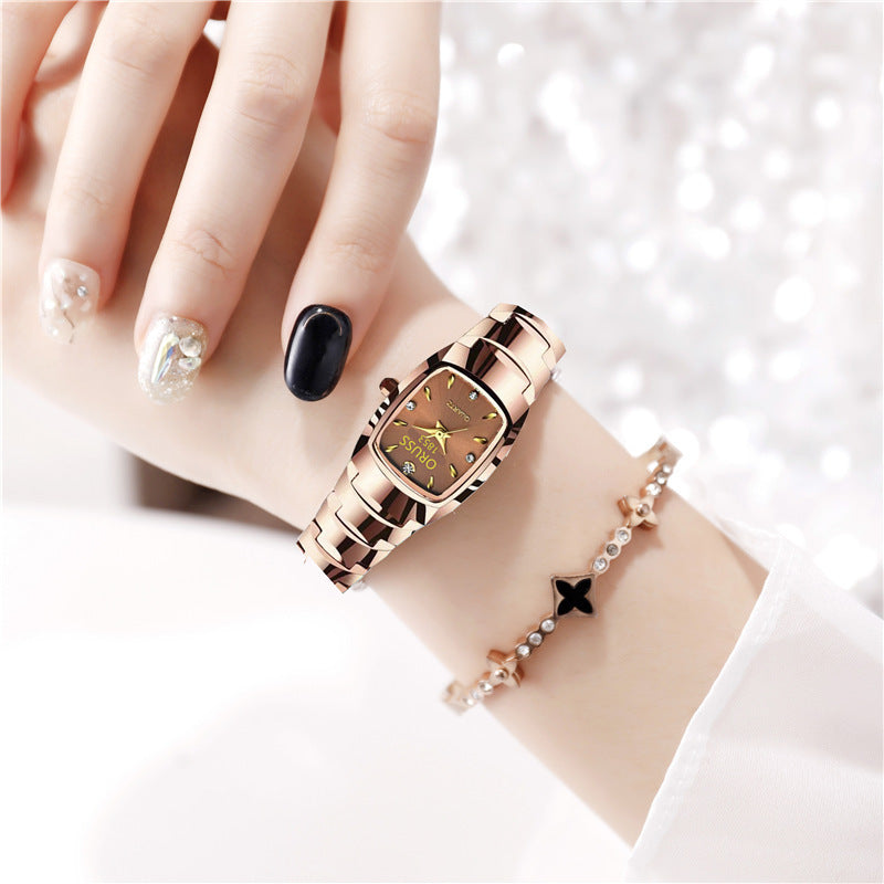 Coffee Gold Square Women's Watch – Luminous Waterproof Steel Band Quartz
