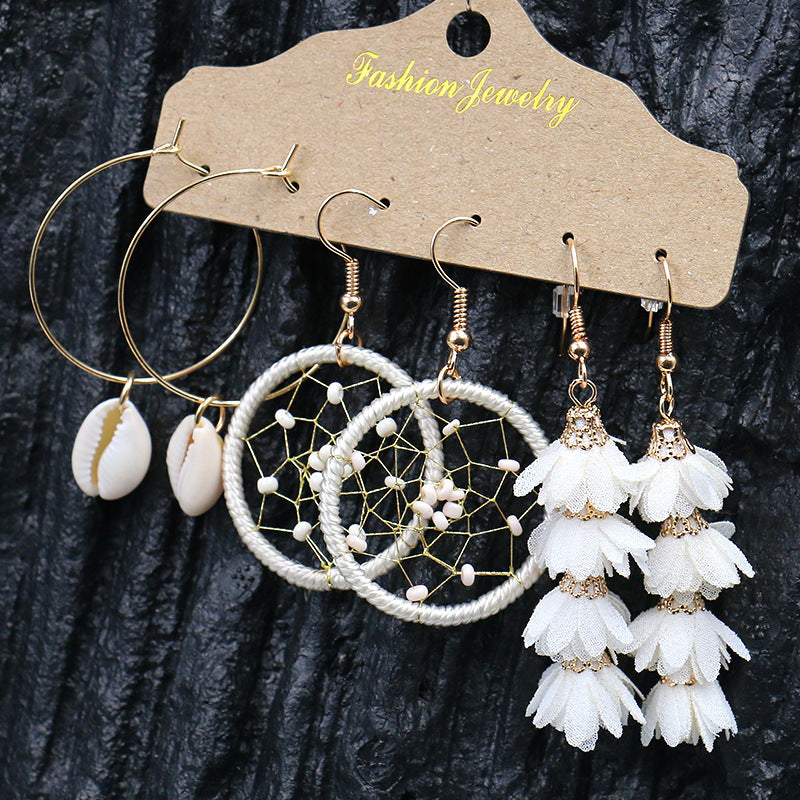 3-Piece Korean Style Earring Set – Golden Shell, Dreamcatcher & Flower