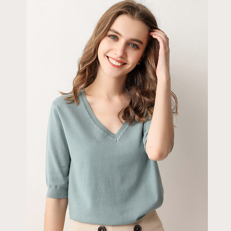 V-Neck Korean Style Sweater Tee – Comfy & Trendy