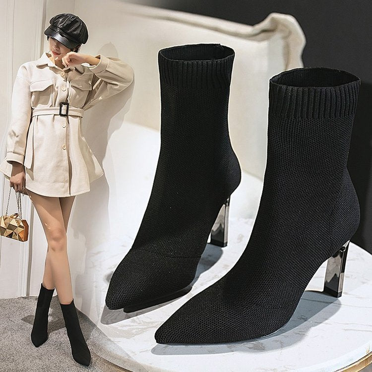 European Pointed Flying Woven Stretch Boots