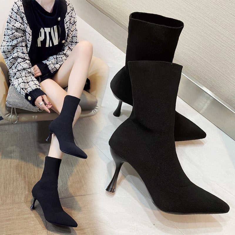 Women’s Knitted Sock Boots Pointed Toe High Heel