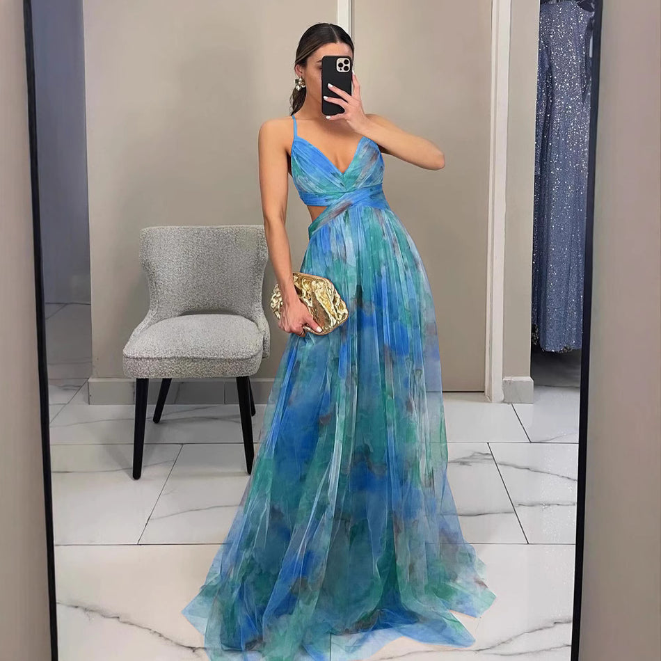 2026 Mesh Printed Sling Dress - Summer Vacation & Party Wear