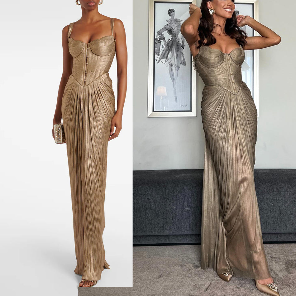 2026 Pleated Gold-Stamped Party Dress - Elegant Lace-Up Slit