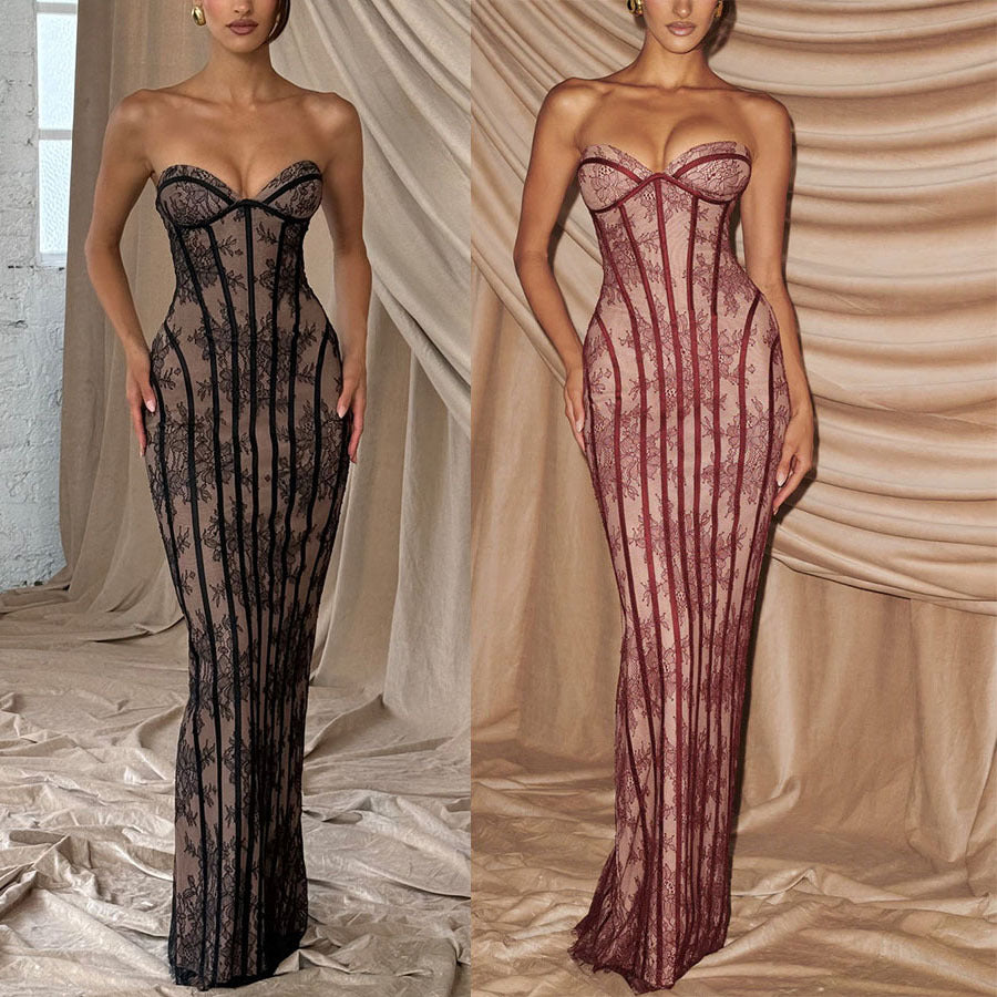 2026 Lace Wrapped Chest Party Dress - Slim-Fit Hip Skirt