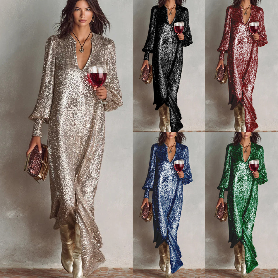 2025 Long-Sleeved Sequin Party Dress - Elegant Side Slit