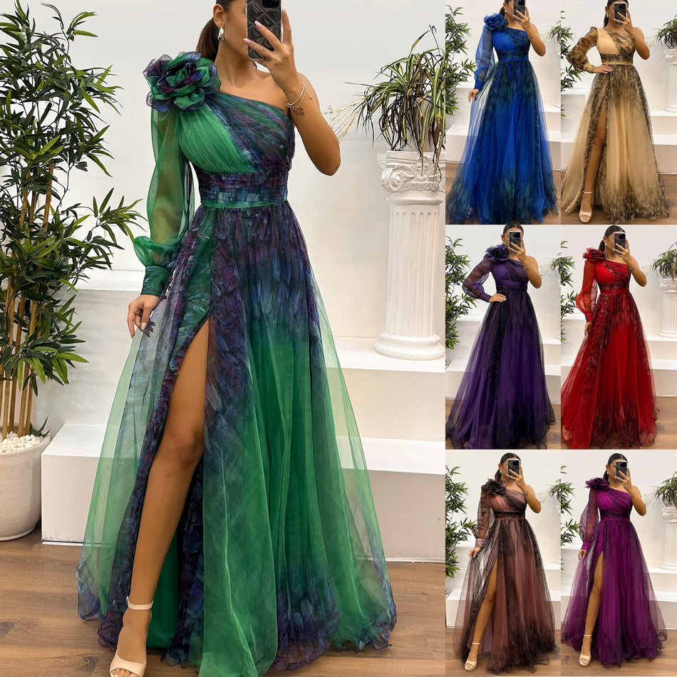 2024 Inclined Shoulder Mesh Printed Dress - INS Party Wear