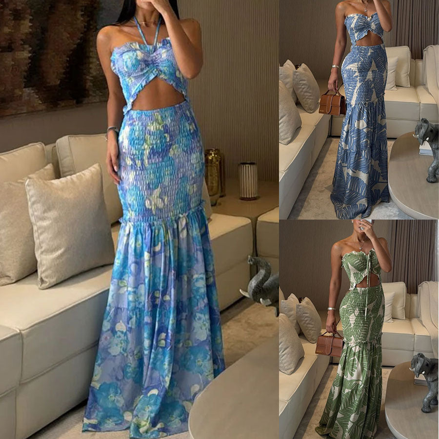 2025 Hanging Neck Printed Pleated Dress - INS Vacation Style