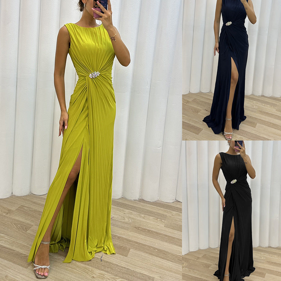 2026 Pleated Split Evening Dress - INS Sleeveless Fashion