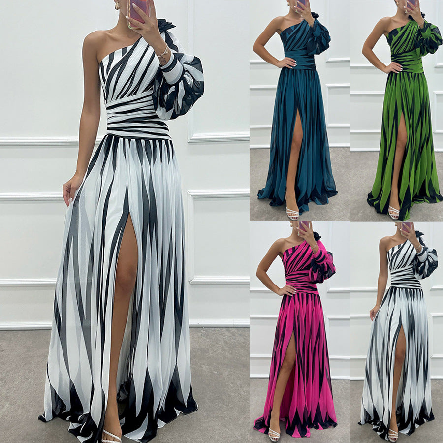 2026 Slant Shoulder Printed Split Dress - INS Casual Party Wear