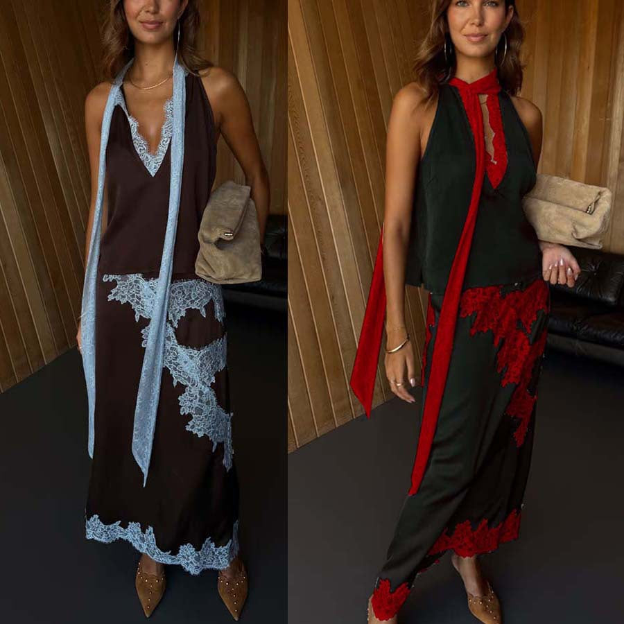 2026 Satin Splicing Sleeveless Suit - INS Casual Two-Piece Skirt Set