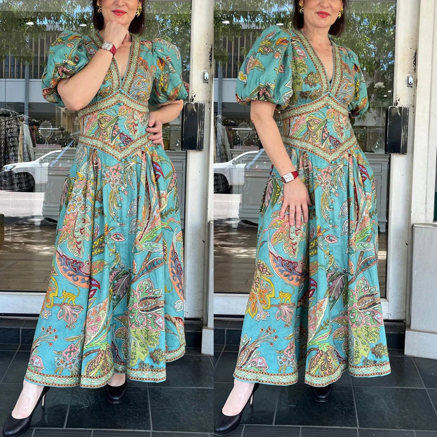 2026 Lantern Sleeve Printed Vacation Dress - INS Leisure Loose Style