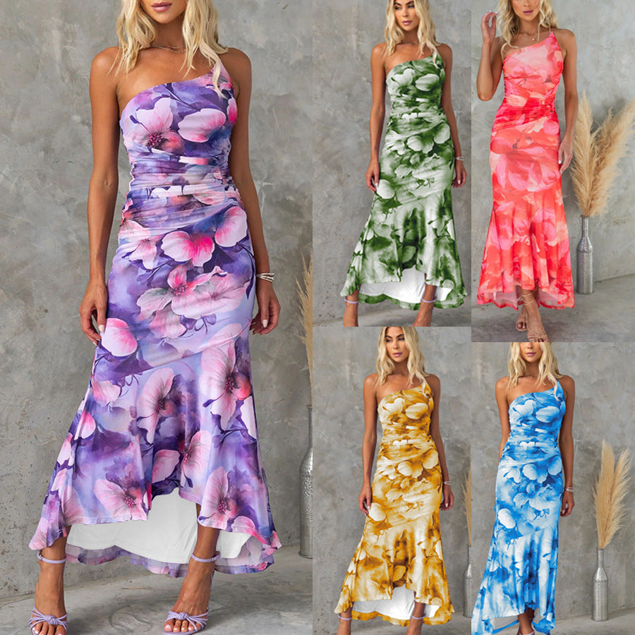 2026 Oblique Shoulder Printed Elastic Dress - INS Leisure & Party Wear