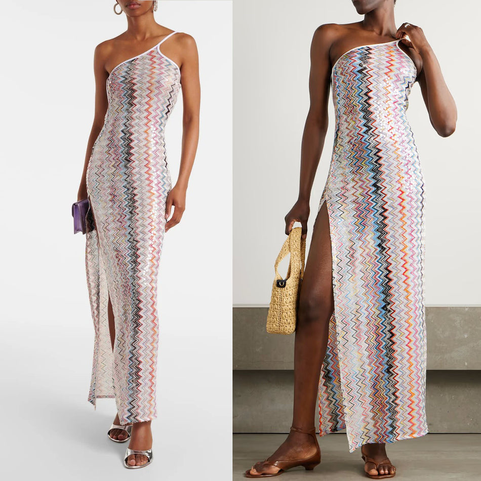 2026 Oblique Shoulder Printed Split Dress - INS Leisure & Party Wear