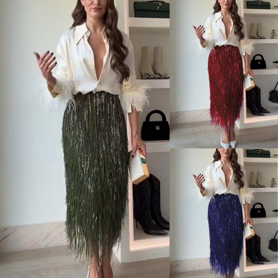 2026 Sequin Tassel Skirt Suit - INS Two-Piece Long-Sleeved Party Set