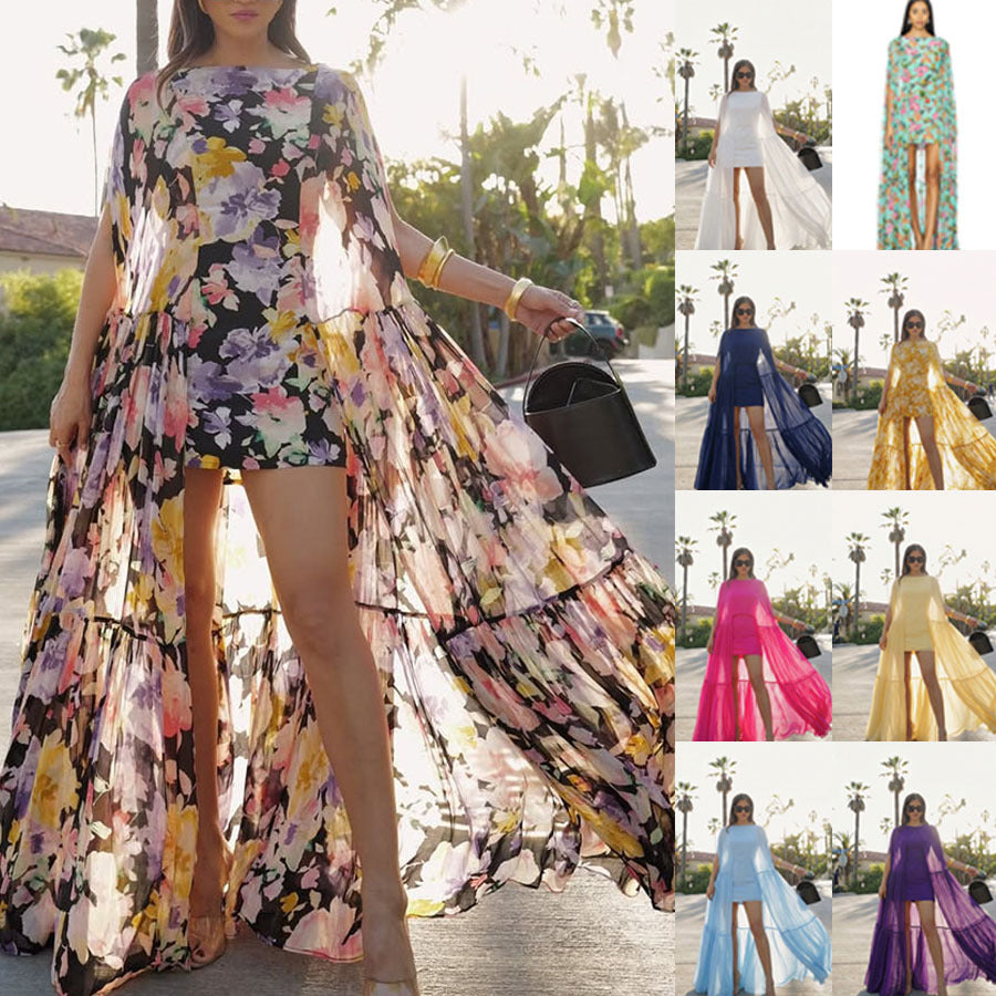 2026 Multi-Layer Chiffon Printed Dress - INS Vacation Loose Large Swing Style