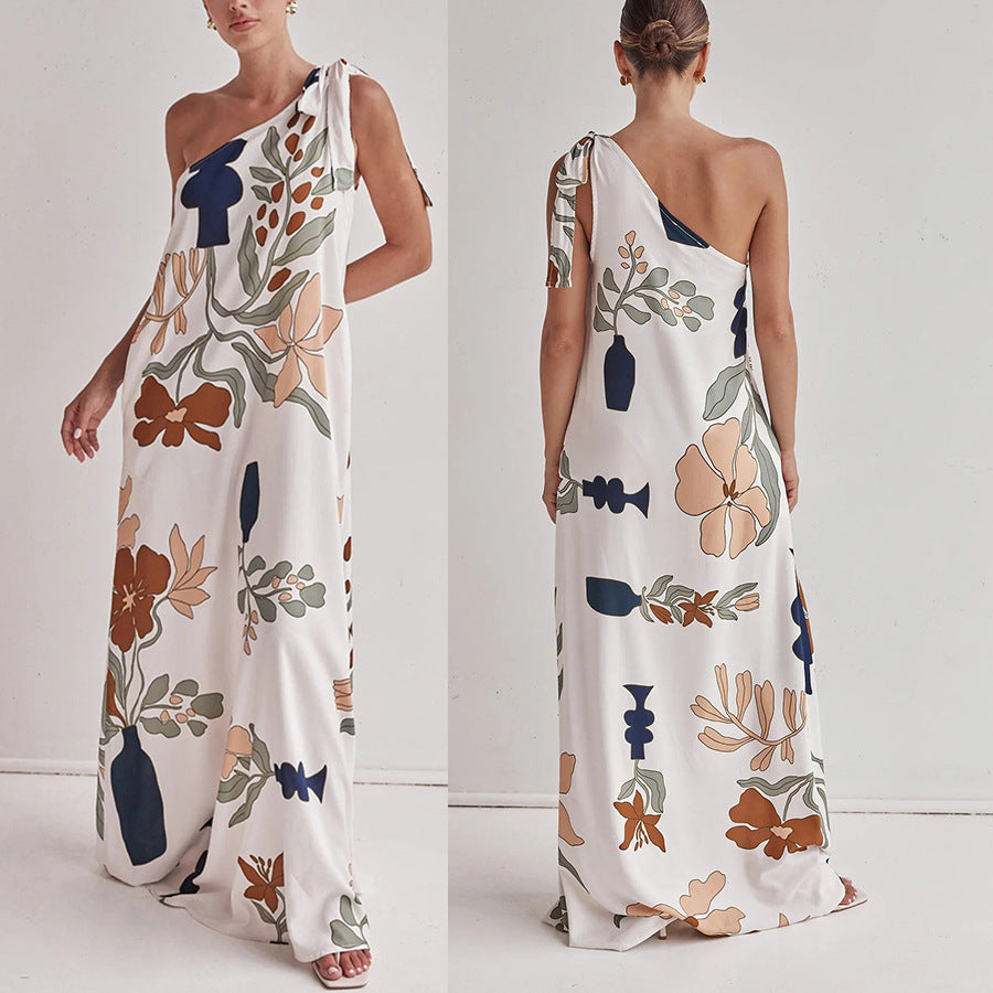 2026 Oblique Shoulder Printed Pocket Dress - INS Leisure Loose Holiday Wear