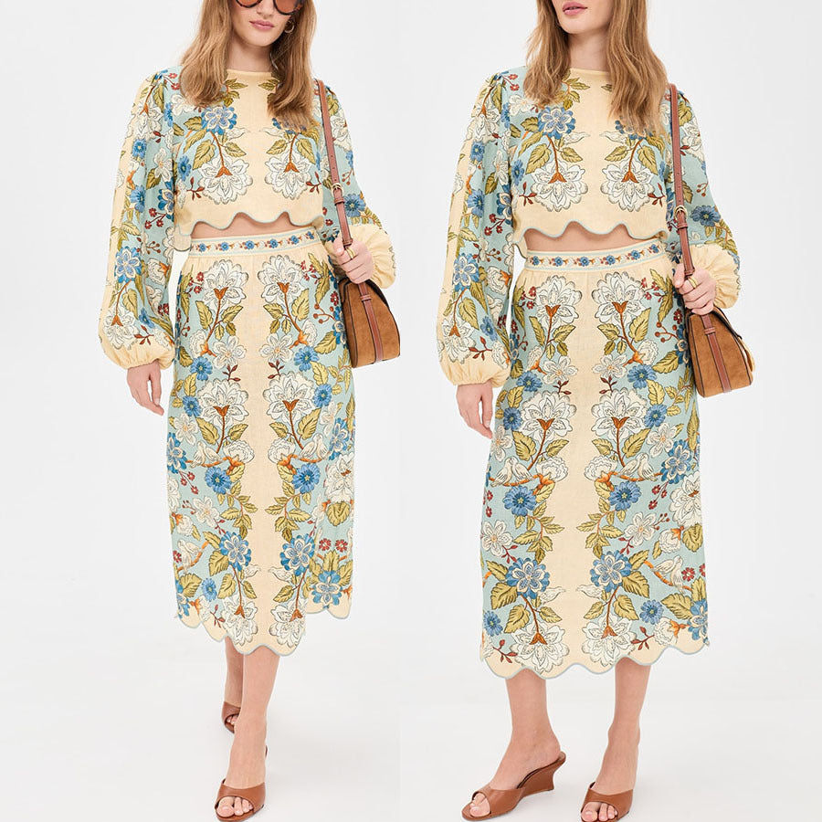 2026 Positioning Print Two-Piece Skirt Suit - INS Loose Long Sleeve Holiday Set