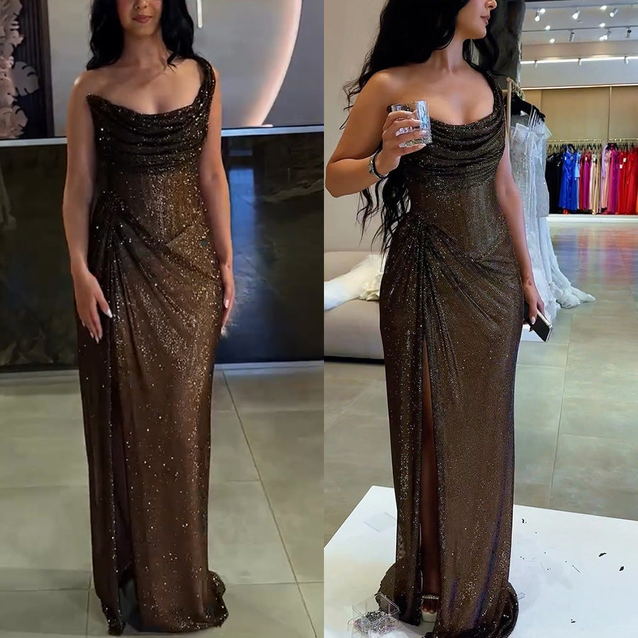 2026 Gold & Silver Silk Split Dress - INS Leisure Gathering Slim Fit Style