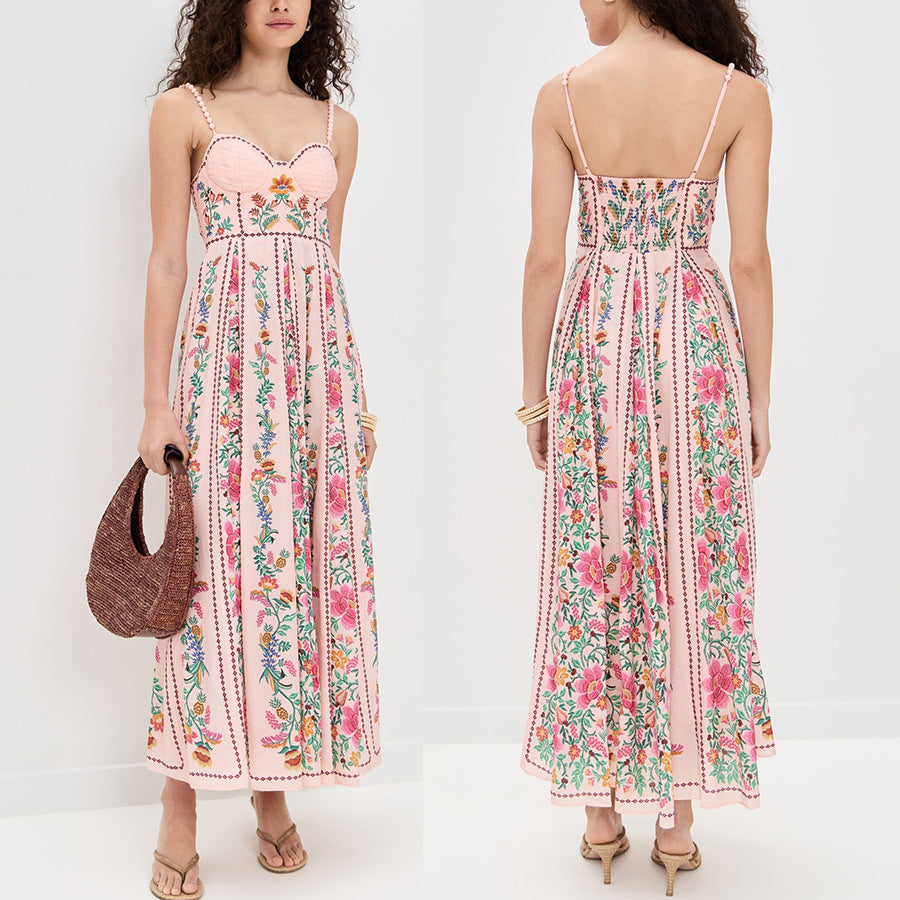 2026 Suspender Positioning Print Linen Dress - INS Loose Vacation Style