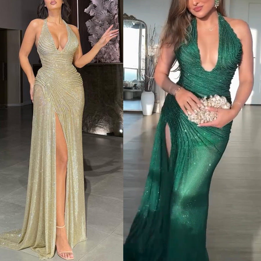 2026 Sequin Halterneck Slit Dress - INS Casual Party & Evening Elastic Set