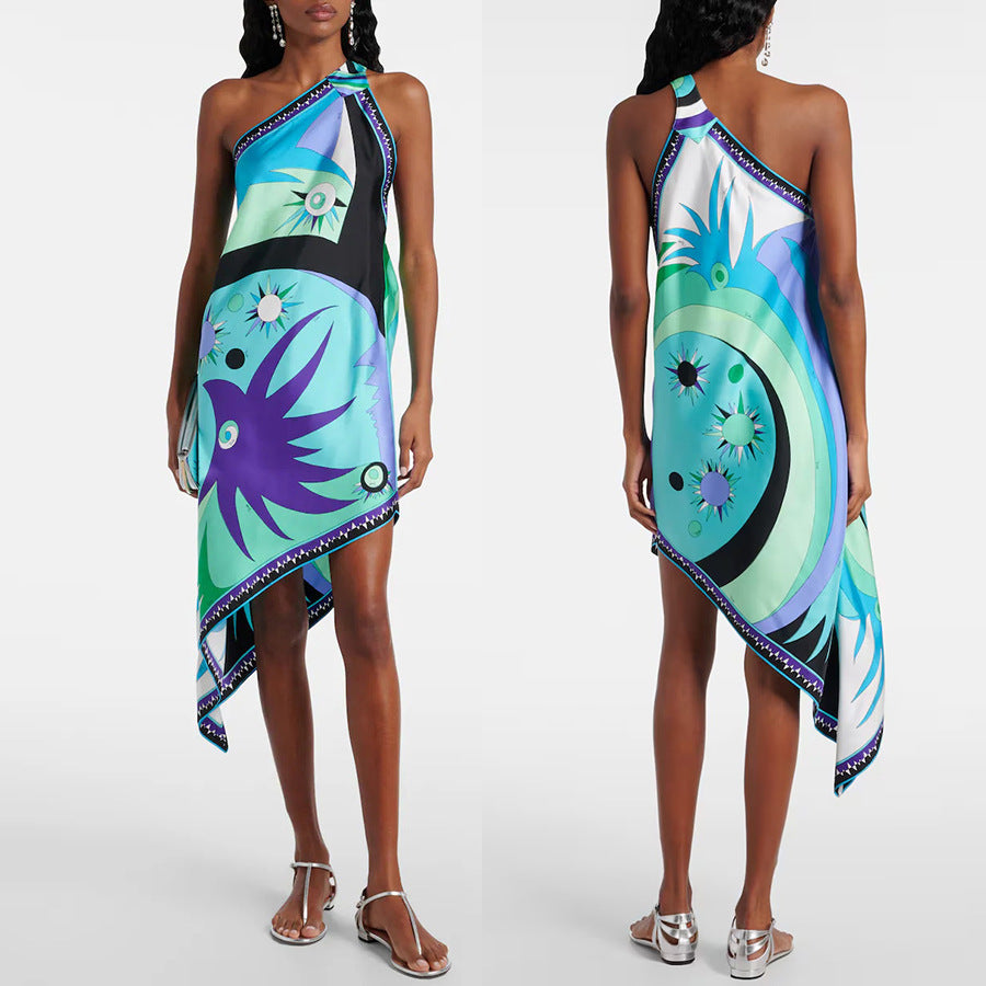 2026 Slanted Shoulder Positioning Print Satin Dress - INS Casual Vacation Style