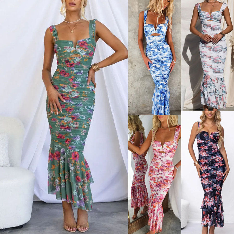 2026 Printed Casual Sling Dress - INS Holiday Zipper Slim Fit Fashion