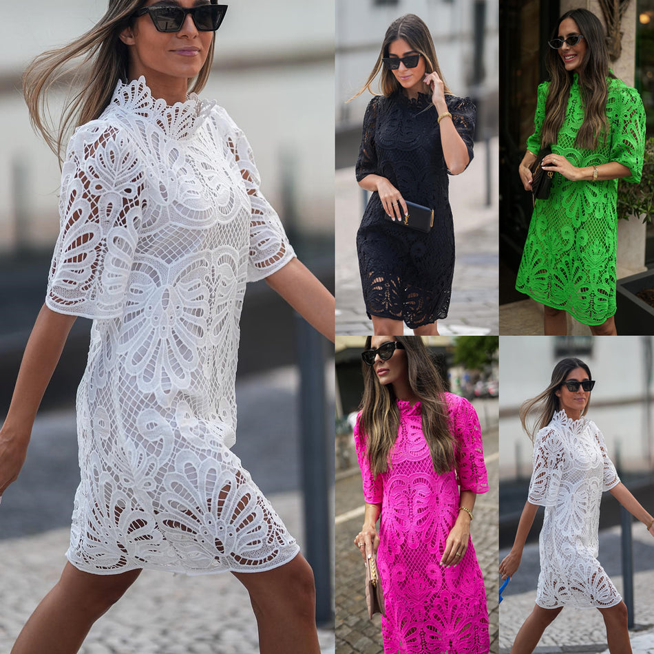 2026 Stand Collar Mid-Sleeve Lace Dress - INS Casual Loose Party Fashion