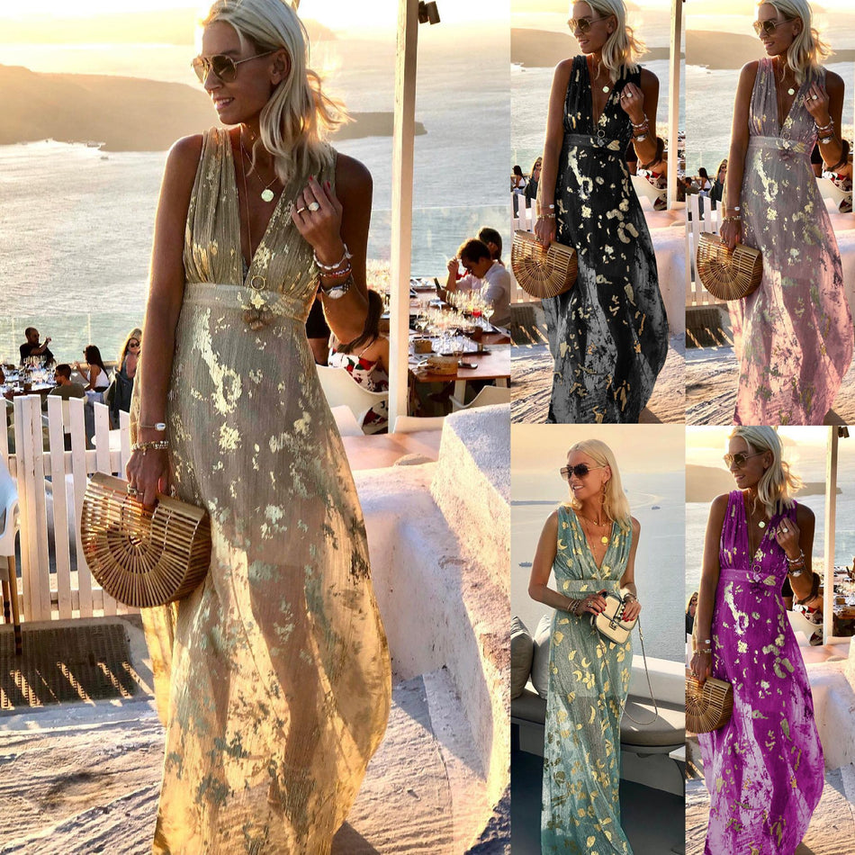 2026 Sexy V-Neck Bronzing Dress - INS Casual Holiday Party Large Fashion