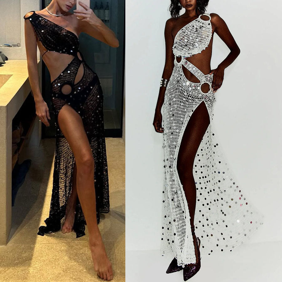 2026 Sequined Shoulder Party Dress - INS Sexy Loose Holiday Fashion