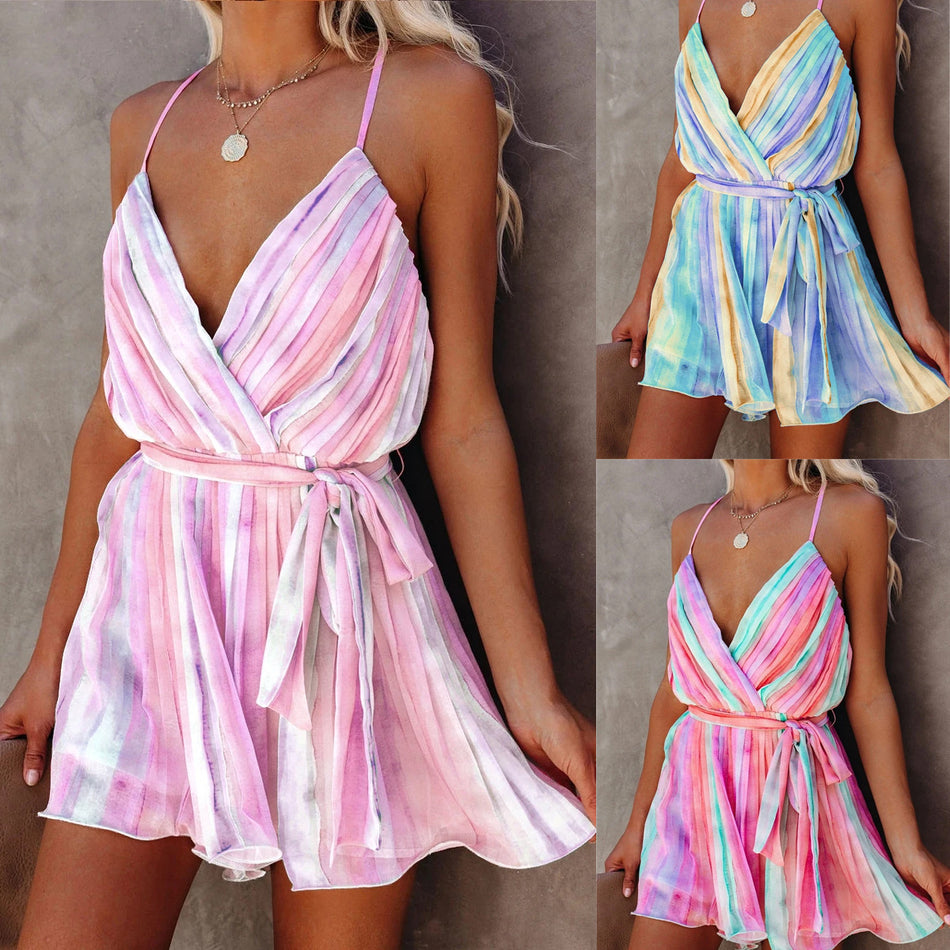 2026 Lace-Up Pleated Chiffon Dress - Sexy V-Neck Strap Holiday Fashion