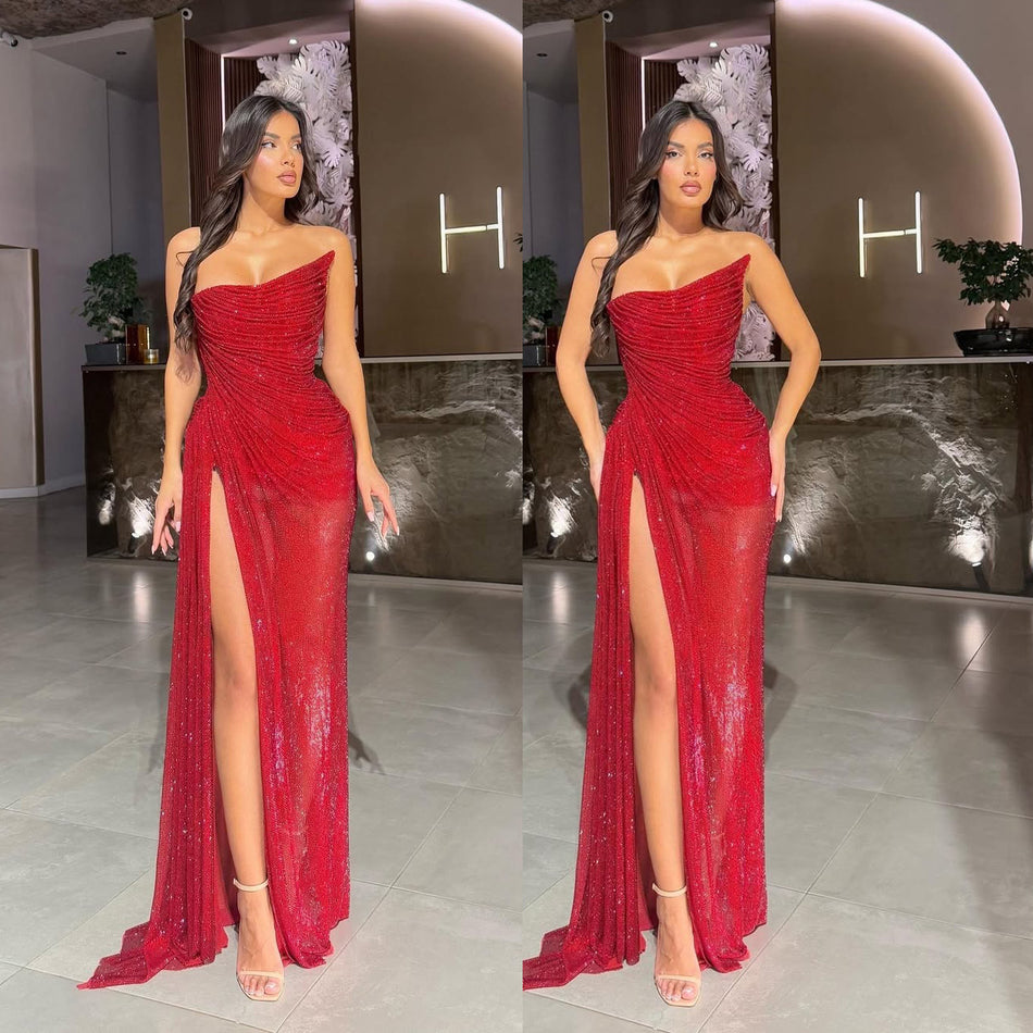 2026 Sequined Slanted Shoulder Slit Dress - INS Party Elastic Sexy Fashion