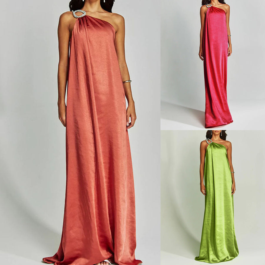 2026 Satin Slant Shoulder Long Dress - INS Loose Vacation & Leisure Fashion