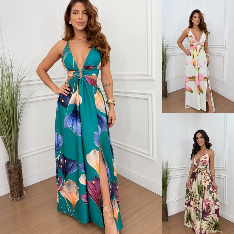 2026 Printed Split Party Dress - INS Casual Loose Holiday Fashion