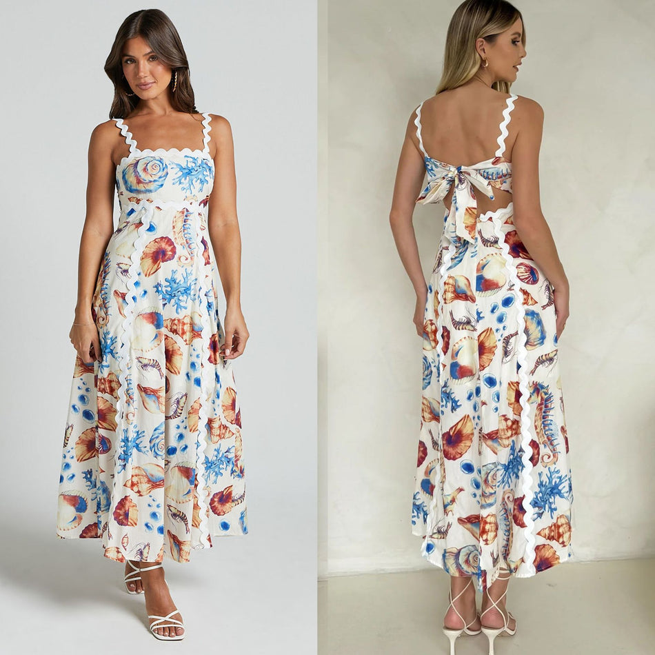 2026 Printed Sling Stitching Dress - INS Casual Loose Holiday & Split Fashion