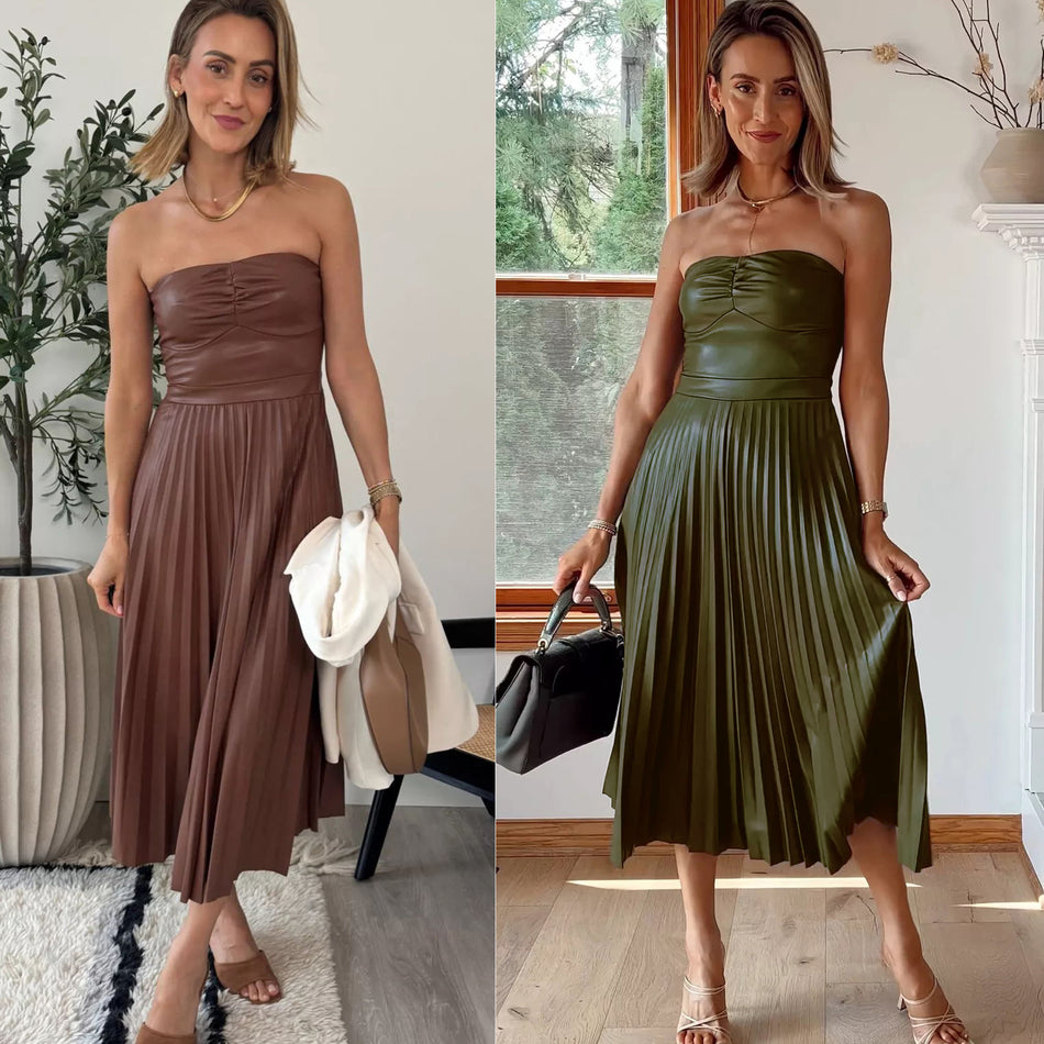 Chest-Wrapped Pleated Leather Dress - 2026 "INS" Edgy Summer-Fall Style