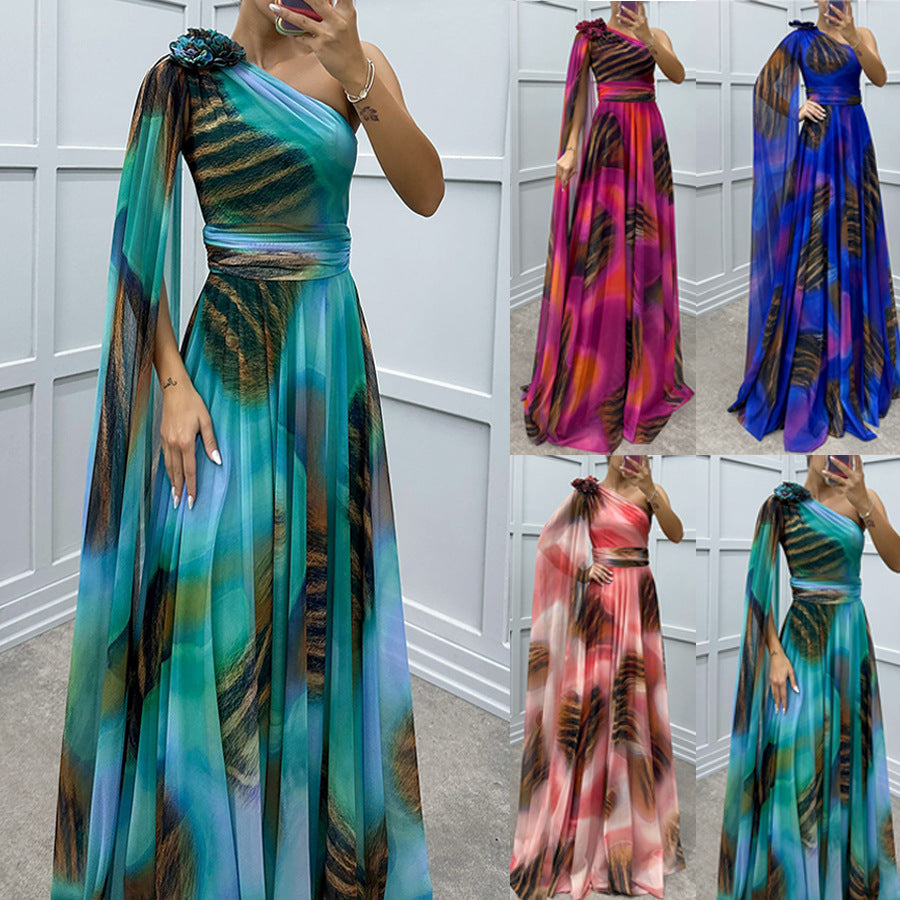 Diagonal Shoulder Chiffon Dress - 2026 "Asymmetric Luxe" Party Wear