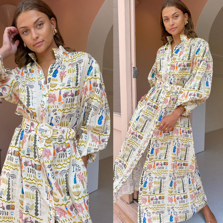 Abstract Printed Long-Sleeve Dress - 2026 "INS" Casual Vacation Chic