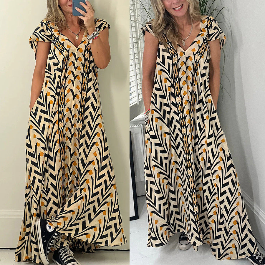 Casual Printed Large Swing Dress - 2026 "INS" Pocket Vacation Wear
