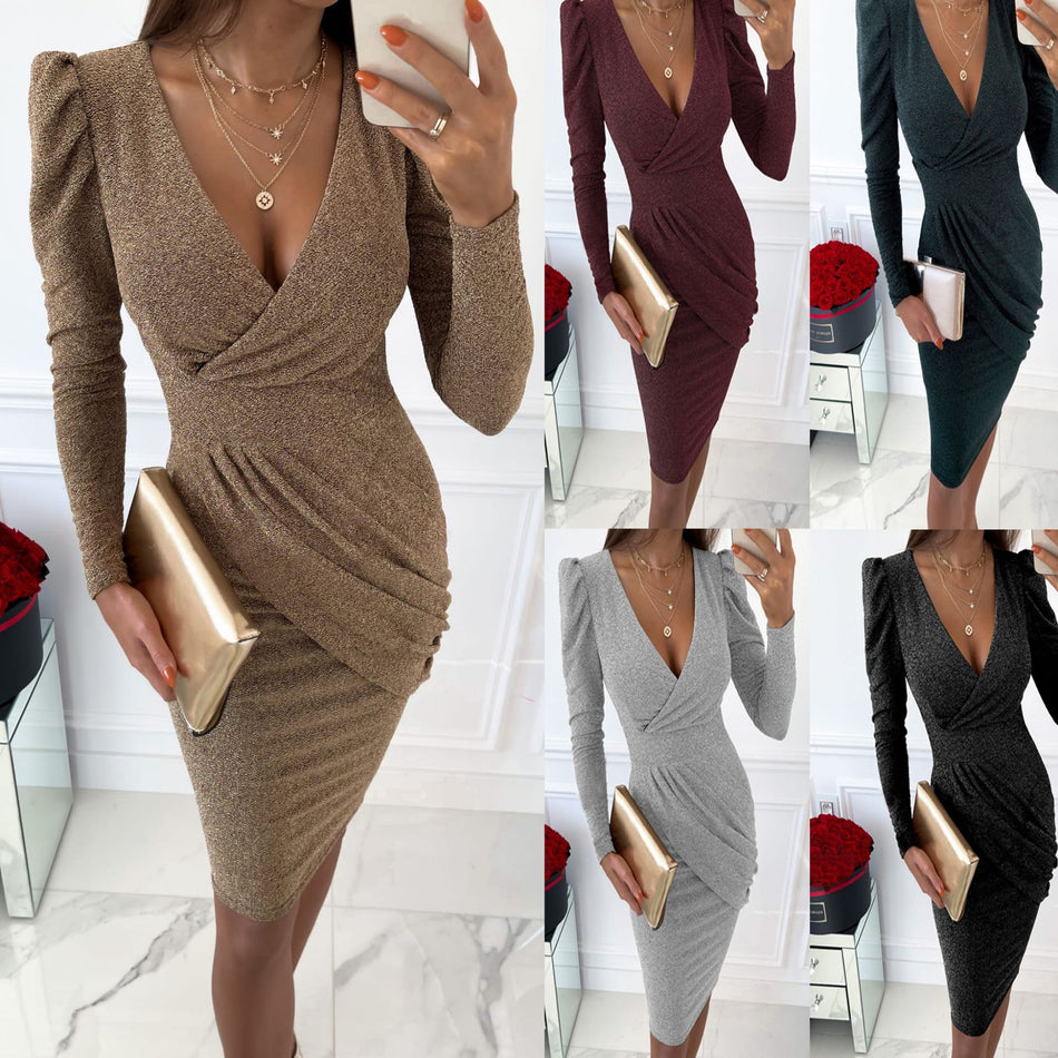 Gold & Silver Line Puff-Sleeve Dress - 2026 "INS" Liquid Metal Party Luxe