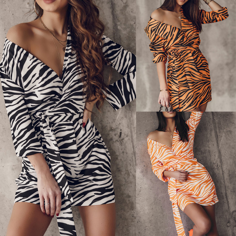 V-Neck Zebra Lace-Up Dress – 2026 "INS" Safari-Cyber Luxe
