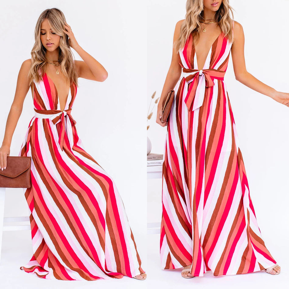 Deep V Stripe Lace-Up Dress – 2026 "INS" Linear-Aura Vacation Luxe