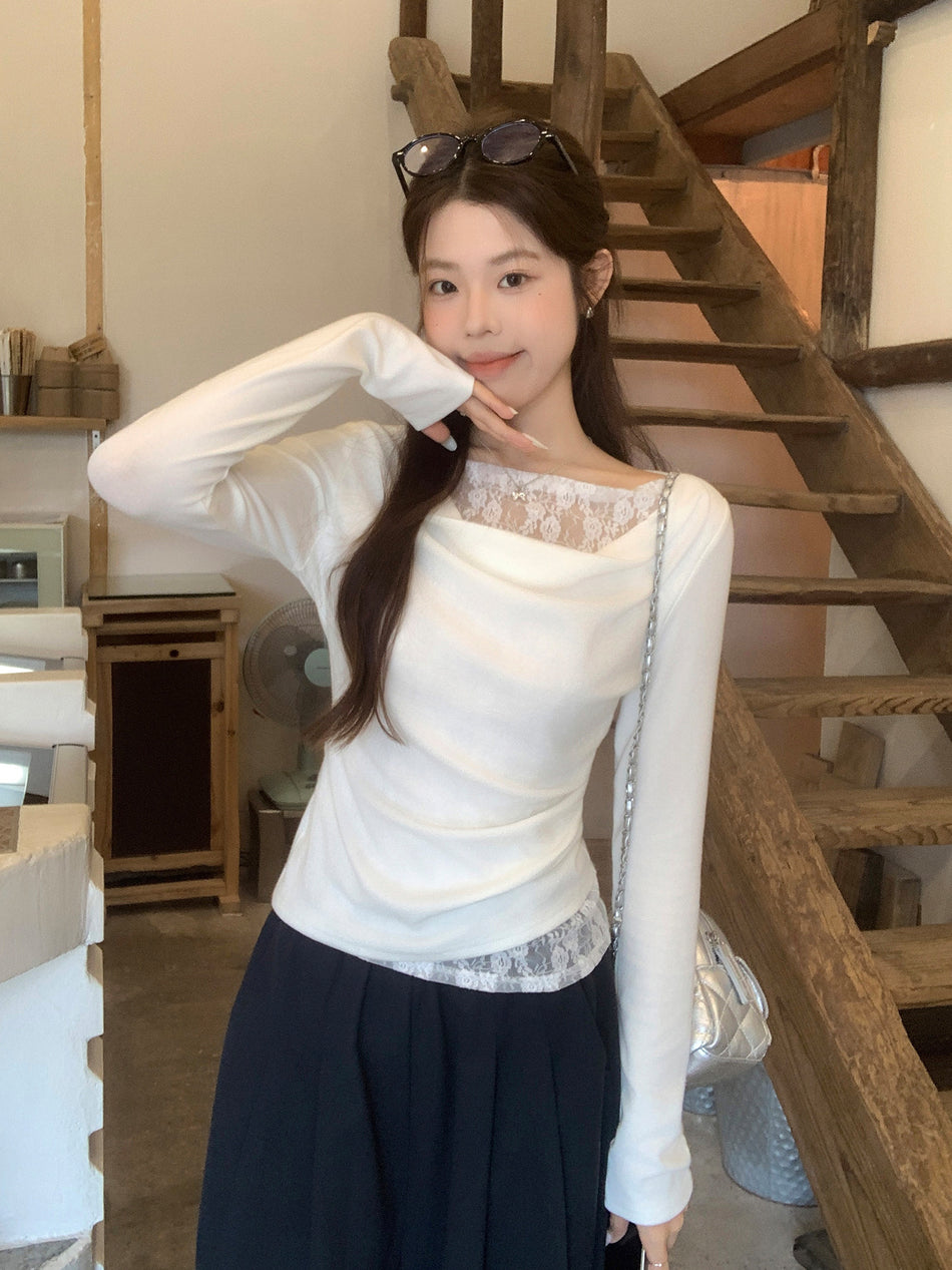 White Lace Fake Two-Piece Slim-Fit Long-Sleeved Top (2026)