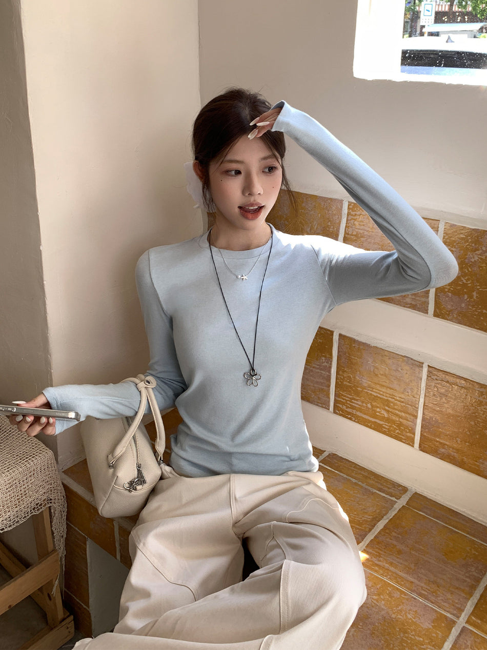2026 Autumn Women’s Blue Base Shirt: Slim Fit Long-Sleeve Top