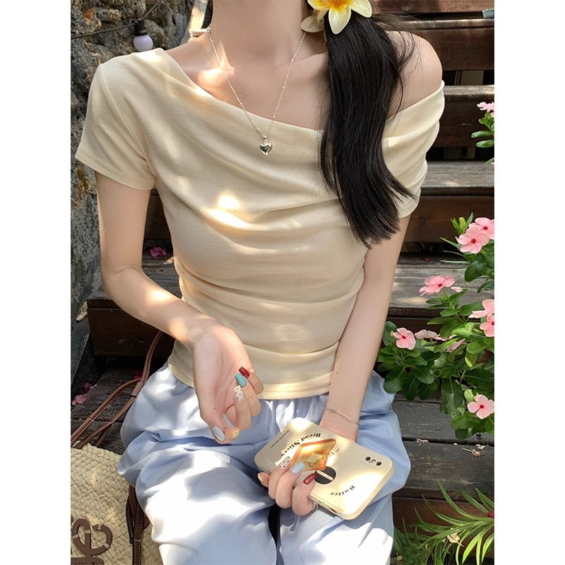 2026 Summer Off-Shoulder Swing Collar Top: Sexy Slim-Fit Short T-Shirt ☀️🌿