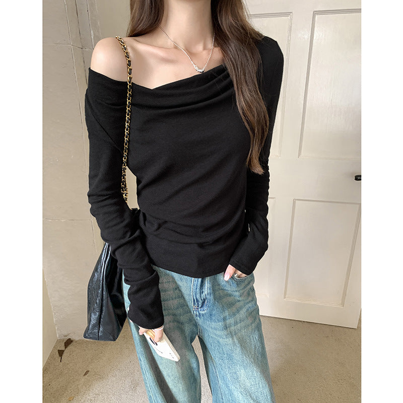 2026 Autumn Swing Collar One-Shoulder Top: Slim Pleated Layering Shirt
