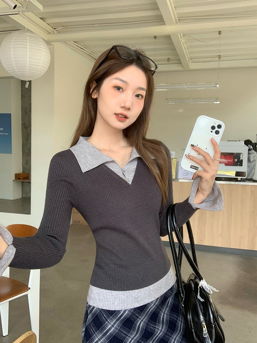 2026 Spring Contrast Polo Knit: Elegant Fake Two-Piece Trumpet Sleeve Top 🌸✨
