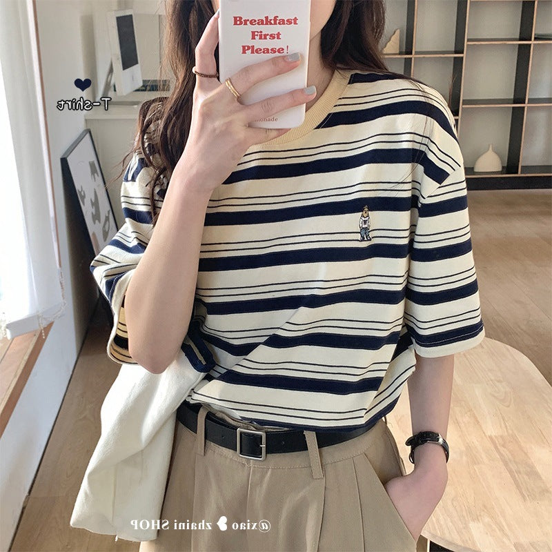 2026 Summer Retro Striped Cotton T-Shirt: Loose Embroidered Half-Sleeve Top 🍋☀️