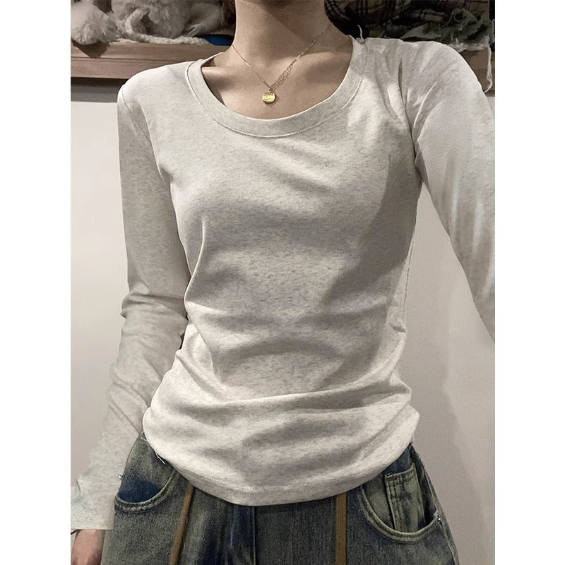 2026 Winter White Flower Gray U-Neck Top: Cotton Thin Velvet Slim Inner Layer 🌸❄️
