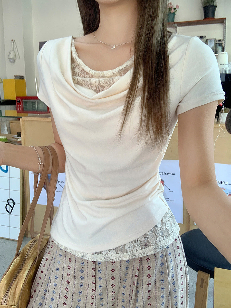 2026 Spring/Summer Korean Lace Collar Top: Elegant Collarbone-Exposing Short-Sleeve T-Shirt 🌸✨